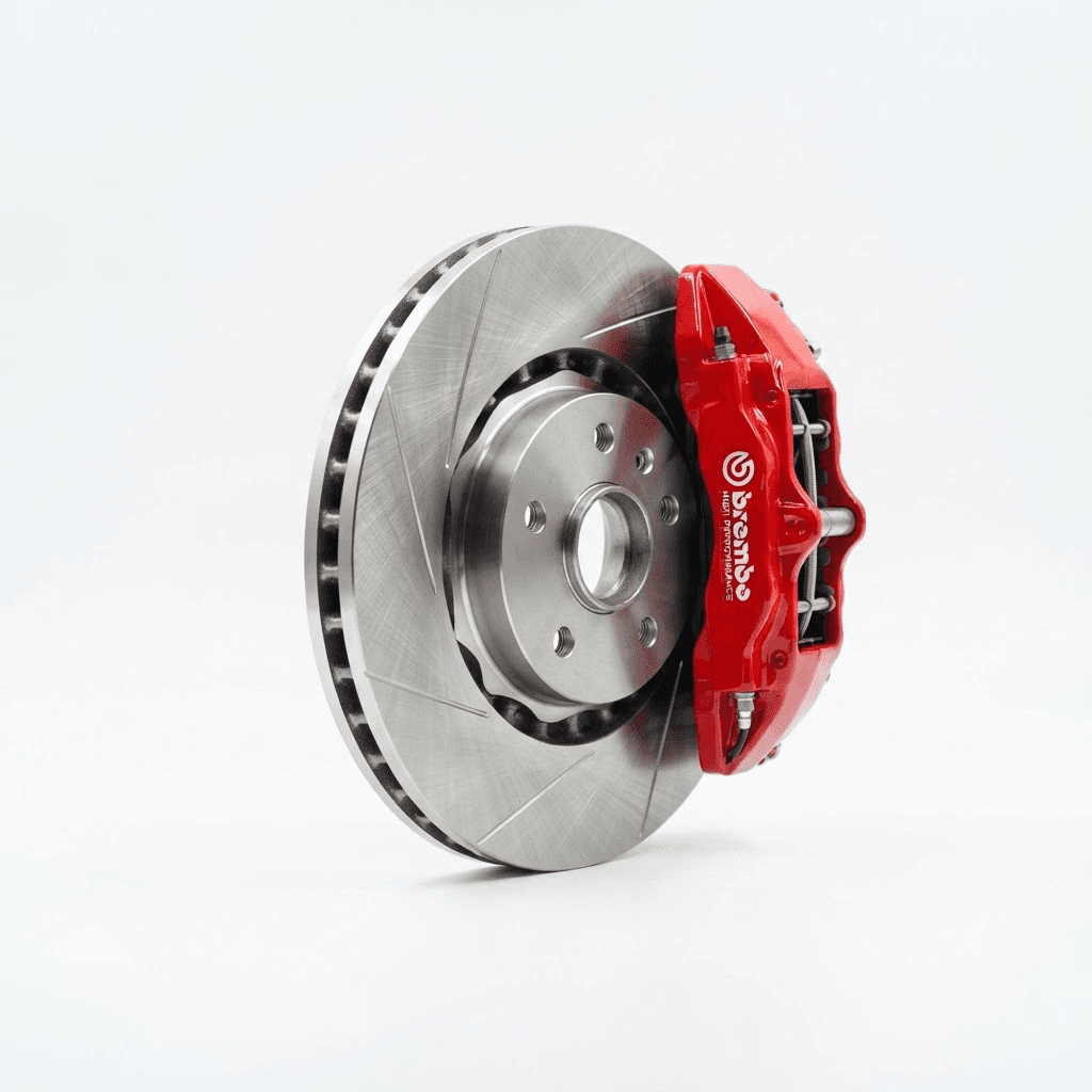Mechaniker prüft Bremsscheibe und Bremsbeläge