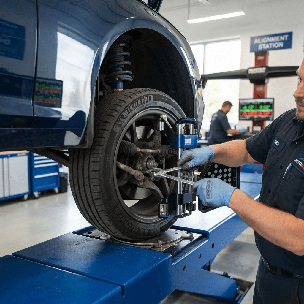Achsvermessung an einem Fahrzeug in der Werkstatt