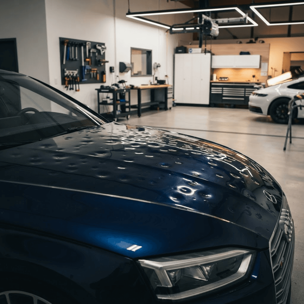 Hageldellen auf Fahrzeugmotorhaube – professionelle Begutachtung im Hagelschadenzentrum Reutlingen