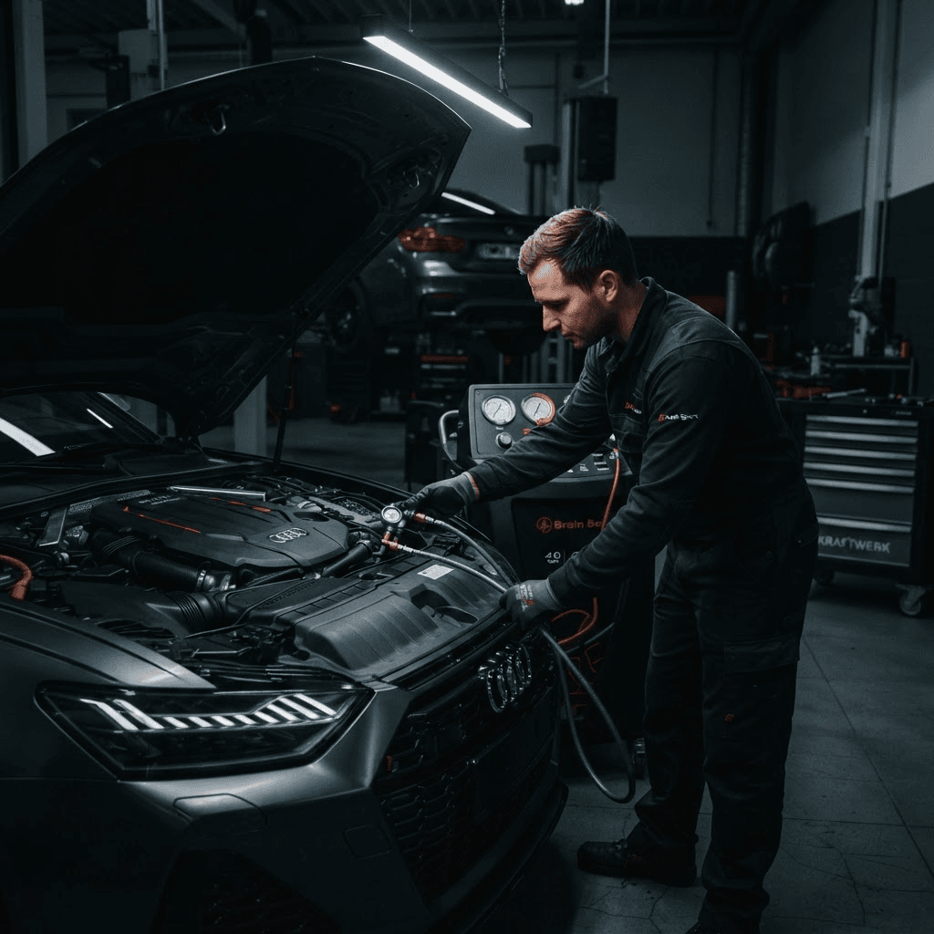 Mechaniker prüft Klimaanlage eines Fahrzeugs in der Autoklinik Reutlingen