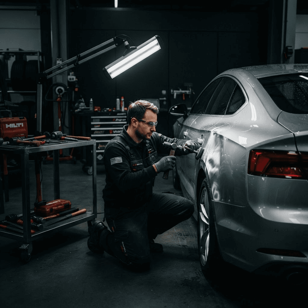 Kfz-Sachverständiger begutachtet Unfallschaden in der Autoklinik Reutlingen