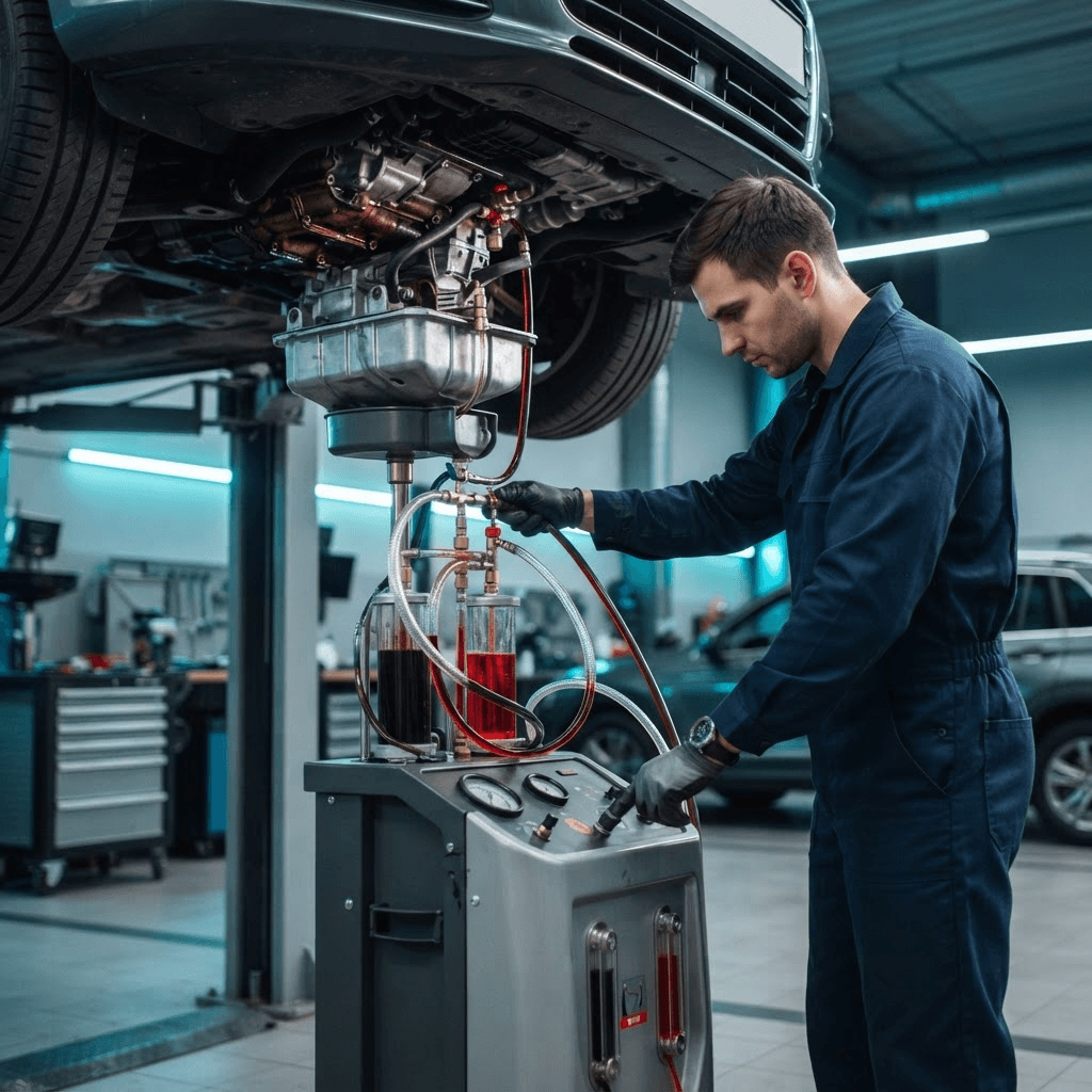 Mechaniker führt Getriebespülung mit Getriebeölwechsel-Gerät durch